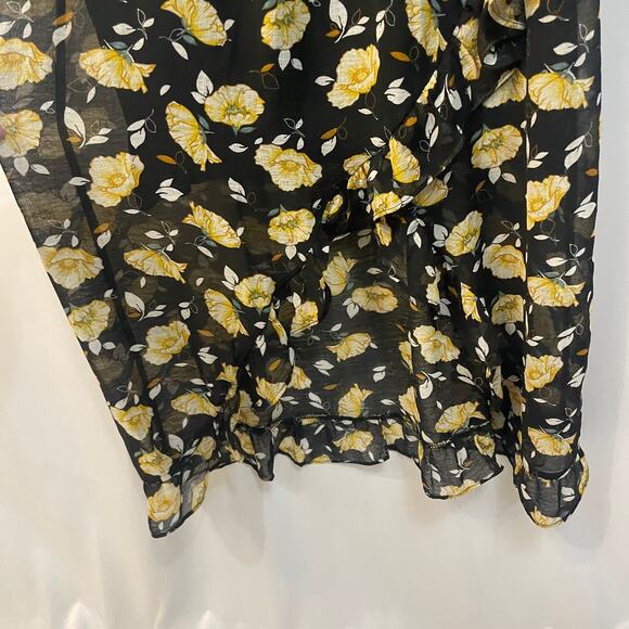 Gilli Black Yellow Floral High Low Cold Shoulder V-Neck Ruffles Dress Large - Picture 5 of 8